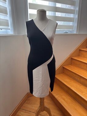 Calvin Klein Black and White Colorblock Midi Sheath Dress